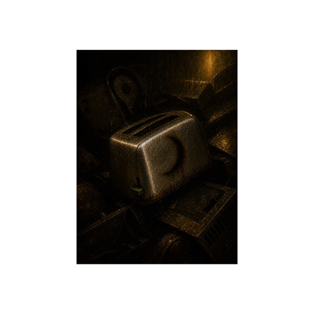 A scorched toaster resting on a heap of scrap appliances in dim light. The Arrival at Scrap by Garabaggio, fine art print, 12″ x 16″.