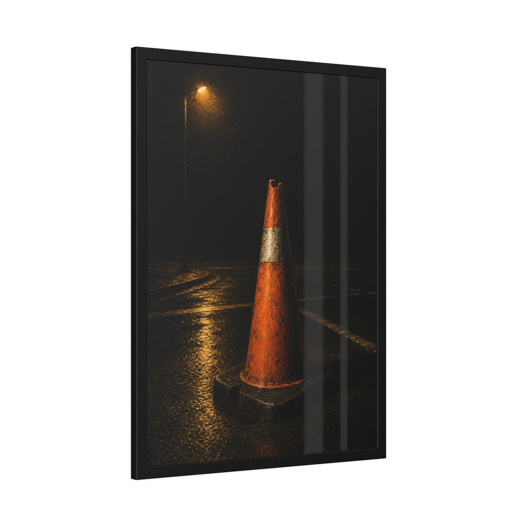A battered orange traffic cone on wet asphalt under a street lamp. The Warning Without Danger by Garabaggio, framed fine art print hanging in a room.
