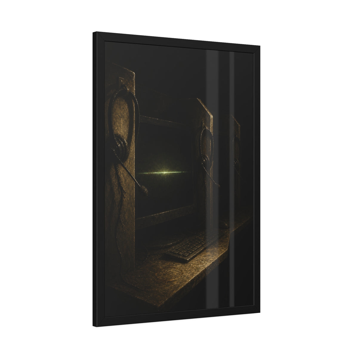 Dark cubicle monitors and a headset, one screen holding a thin green line. Power Down by Rows by Garabaggio, framed fine art print hanging in a room.