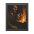 Man holding both hands toward the flames of a burning dumpster. Self-Portrait Warming the Hands by Garabaggio, framed fine art print, 11″ x 14″.
