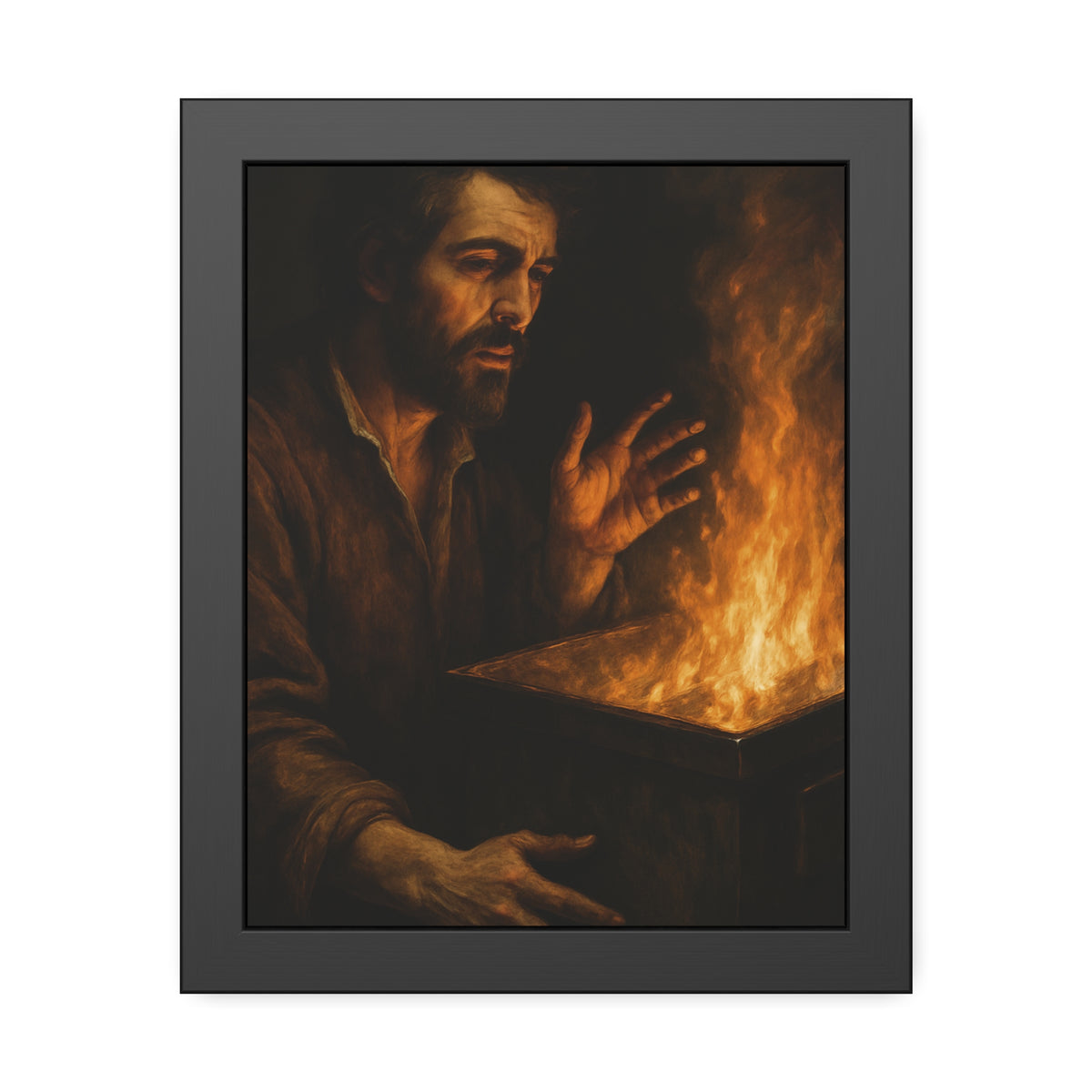 Man holding both hands toward the flames of a burning dumpster. Self-Portrait Warming the Hands by Garabaggio, framed fine art print, 11″ x 14″.