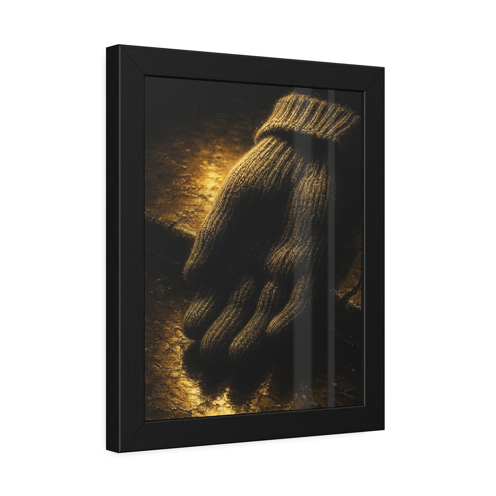 A knitted wool glove palm down on wet stone in gold light. The Presentation of the Woolen Glove by Garabaggio, framed fine art print hanging in a room.