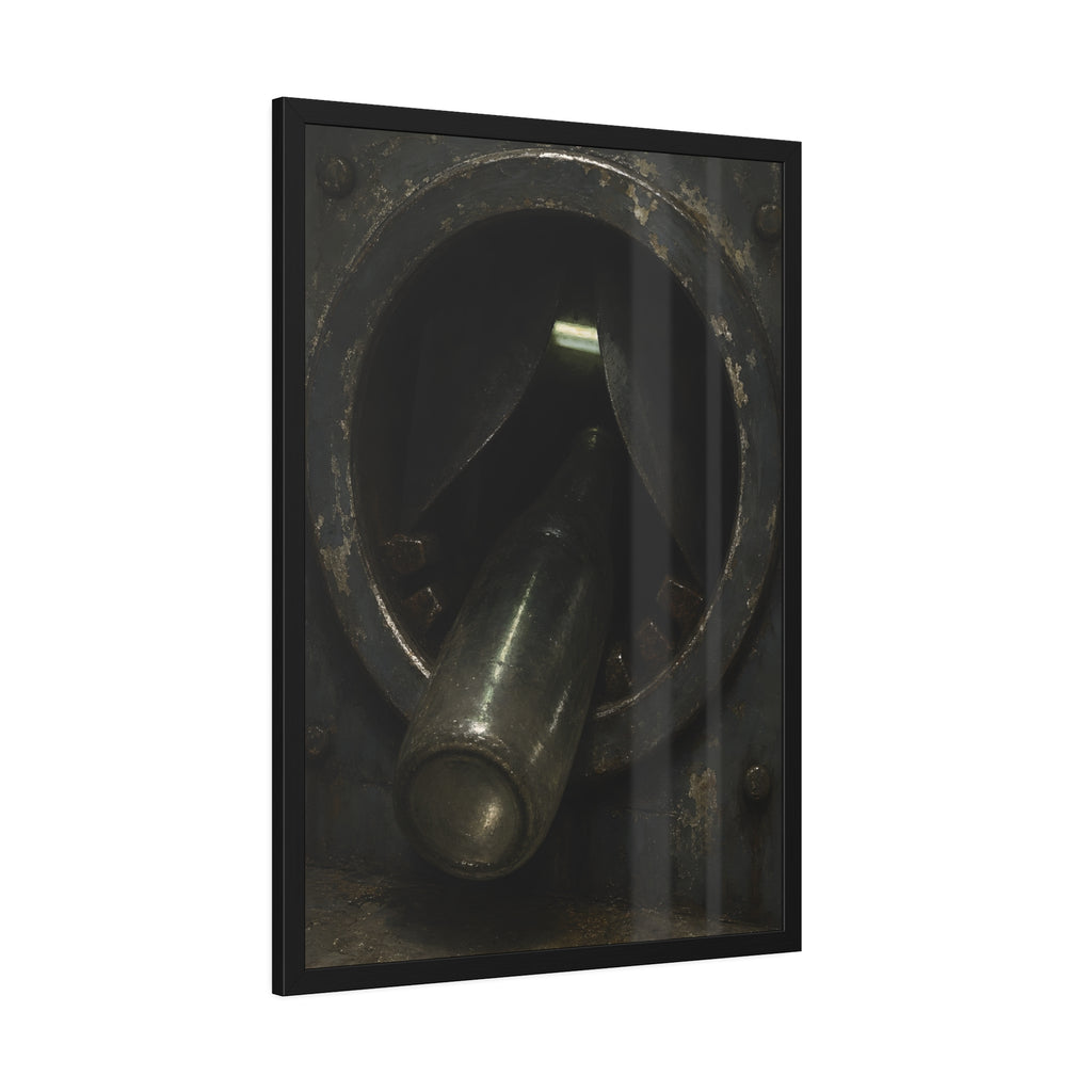 A glass bottle wedged in the round steel intake of a crushing machine. The Crusher's Mouth by Garabaggio, framed fine art print hanging in a room.
