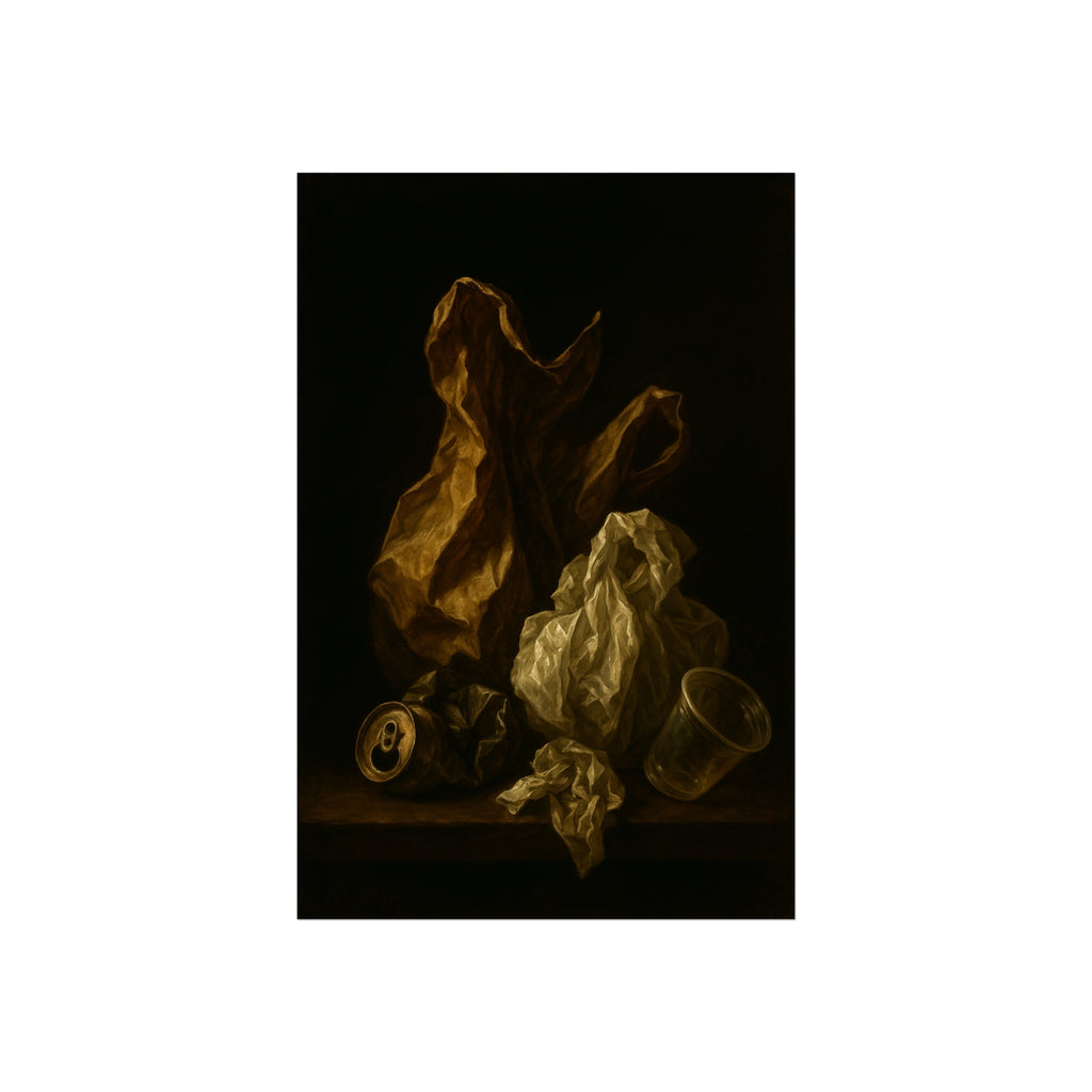 A plastic bag and crumpled paper beside a crushed can and clear cup. The Two Penitents by Garabaggio, fine art print hanging in a room.