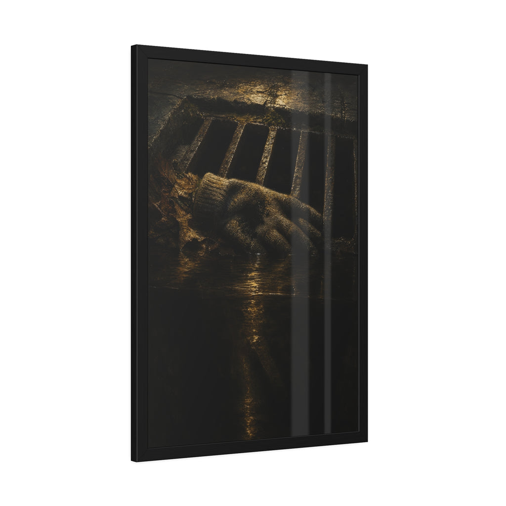 A single work glove on a storm drain grate above dark standing water. The Descent Into the Drain by Garabaggio, framed fine art print hanging in a room.