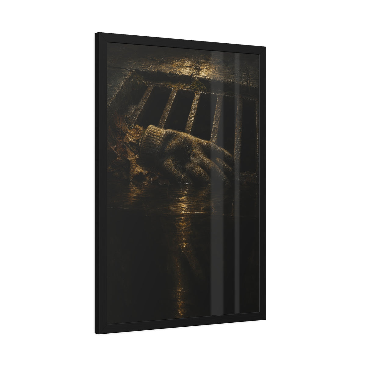 A single work glove on a storm drain grate above dark standing water. The Descent Into the Drain by Garabaggio, framed fine art print hanging in a room.