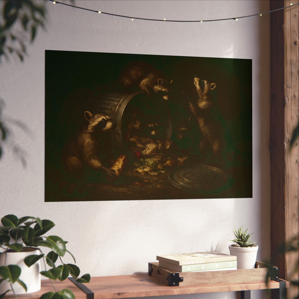 Raccoons around a tipped metal trash can, scattering food scraps. The Vigil of the Midnight Feast by Garabaggio, fine art print hanging in a room.