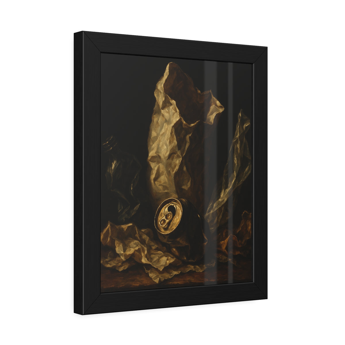 A crushed paper bag, dented can and flattened bottle on a dark table. Vanitas with Crumpled Bag by Garabaggio, framed fine art print hanging in a room.