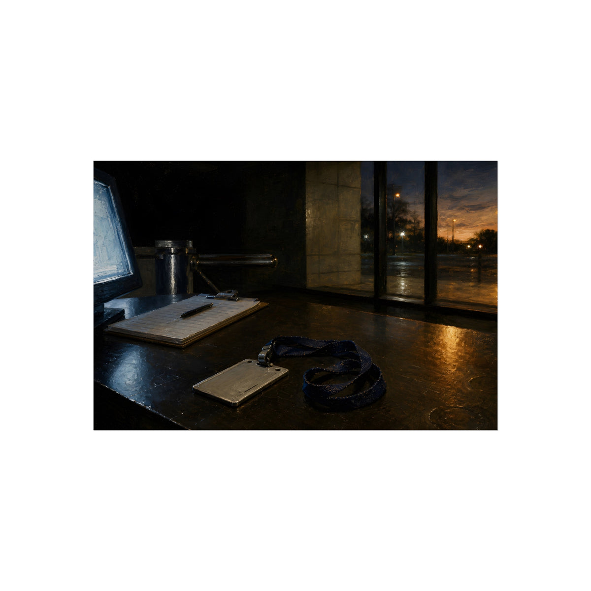 An ID badge and lanyard left on a security desk beside a lit monitor. The Badge on the Security Desk by Garabaggio, fine art print, 36″ x 24″.