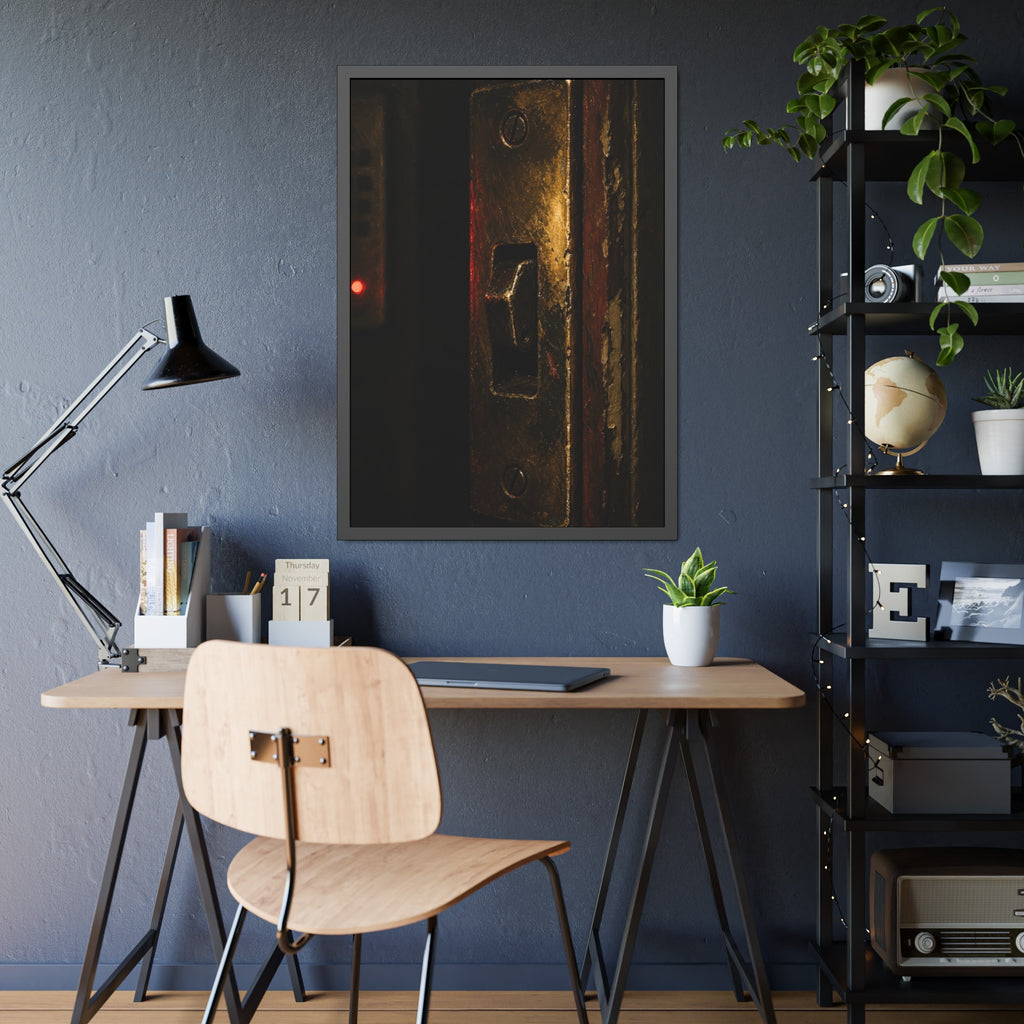 A brass door latch beside an intercom with a small red light. The Door Does Not Release by Garabaggio, framed fine art print hanging in a room.