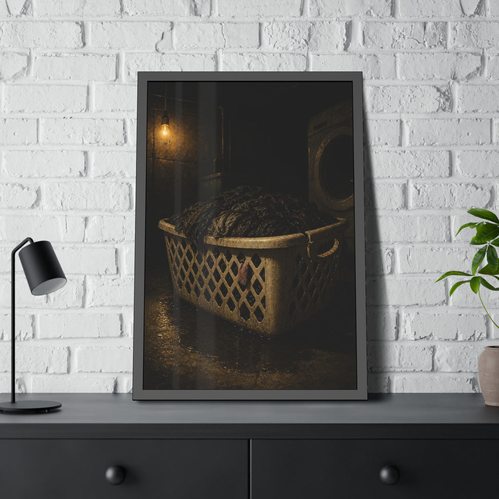 A laundry basket heaped with wet dark clothes under a bare bulb. The Burden of Wet Clothes by Garabaggio, framed fine art print hanging in a room.