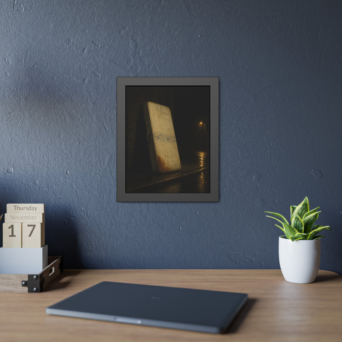 A stained mattress propped on a brick wall along a wet night street. The Presentation Against the Brick by Garabaggio, framed fine art print hanging in a room.