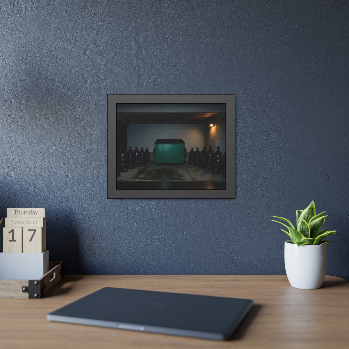 A green dumpster flanked by rows of black garbage bags under a lamp. Night Watch of the Loading Dock by Garabaggio, framed fine art print hanging in a room.