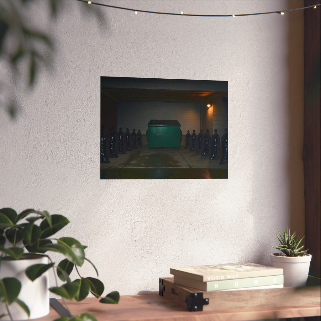 A green dumpster flanked by rows of black garbage bags under a lamp. Night Watch of the Loading Dock by Garabaggio, fine art print hanging in a room.