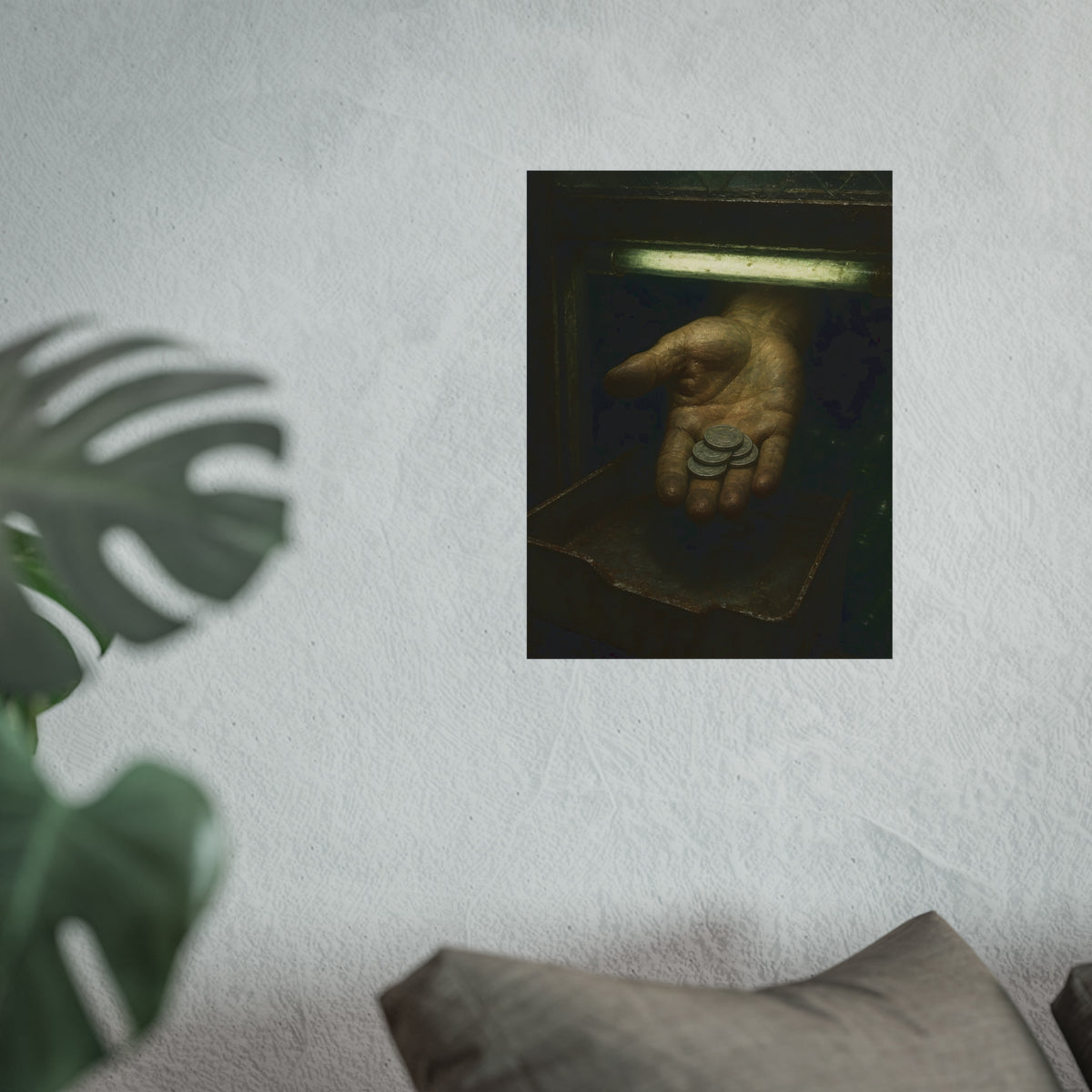 An open palm holding coins over a metal tray under a fluorescent tube. The Nickel Rendered by Garabaggio, fine art print hanging in a room.