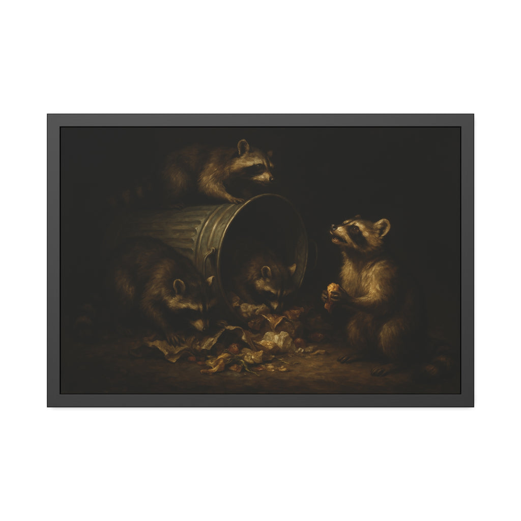 Four raccoons around a toppled metal trash can in the dark. The Last Bite by Garabaggio, framed fine art print hanging in a room.
