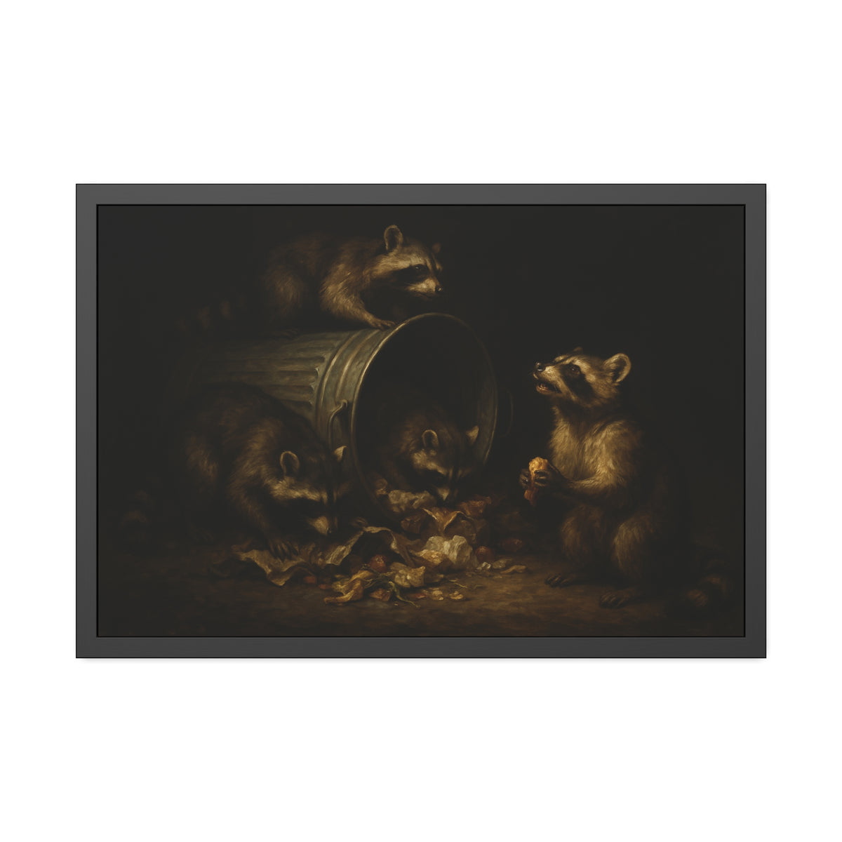 Four raccoons around a toppled metal trash can in the dark. The Last Bite by Garabaggio, framed fine art print hanging in a room.