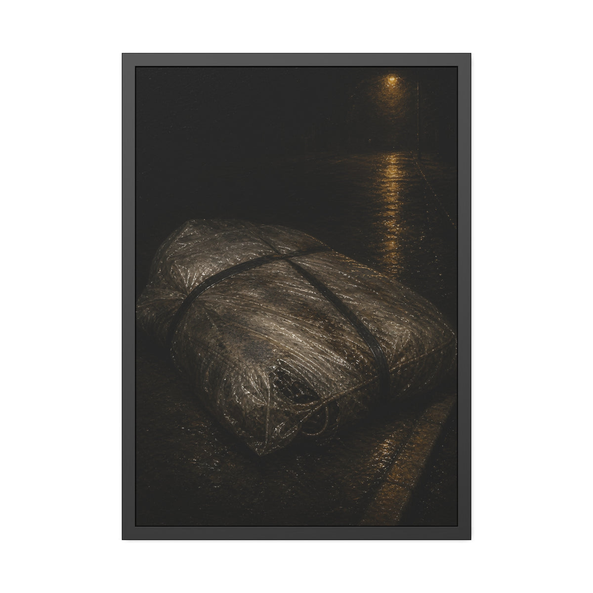 A mattress wrapped in plastic and strapped shut on a wet night street. The Municipal Shroud by Garabaggio, framed fine art print, 28″ x 40″.