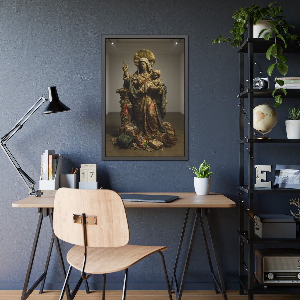 A standing veiled figure holding a child, refuse piled around the base. The Virgin of the Landfill by Garabaggio, framed fine art print hanging in a room.