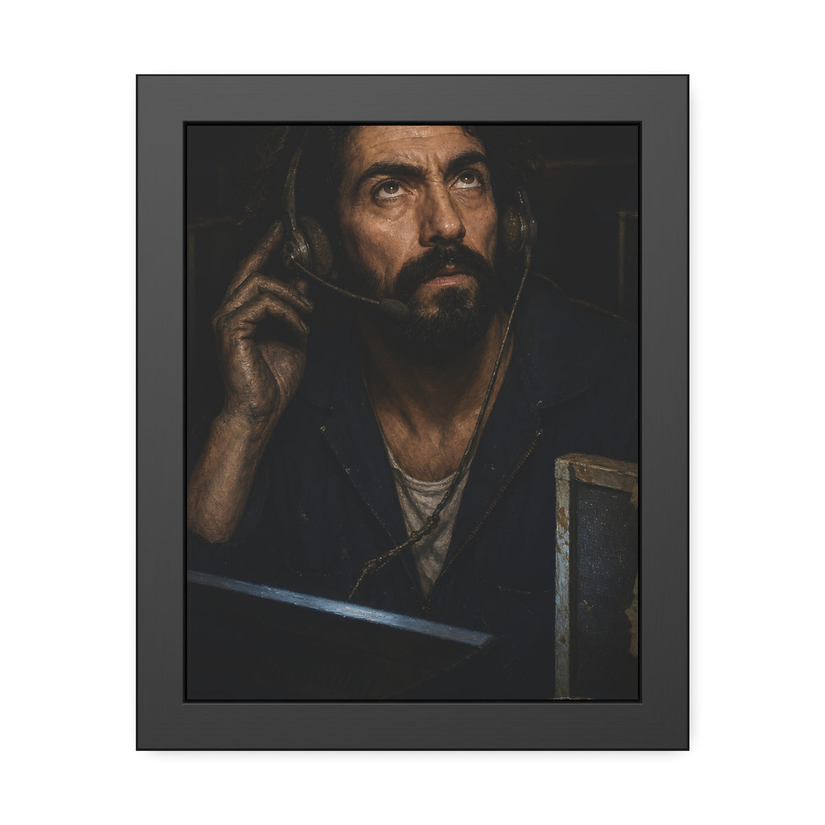 A man in a phone headset looks upward over the glow of a monitor. Garabaggio on Hold by Garabaggio, framed fine art print, 11″ x 14″.