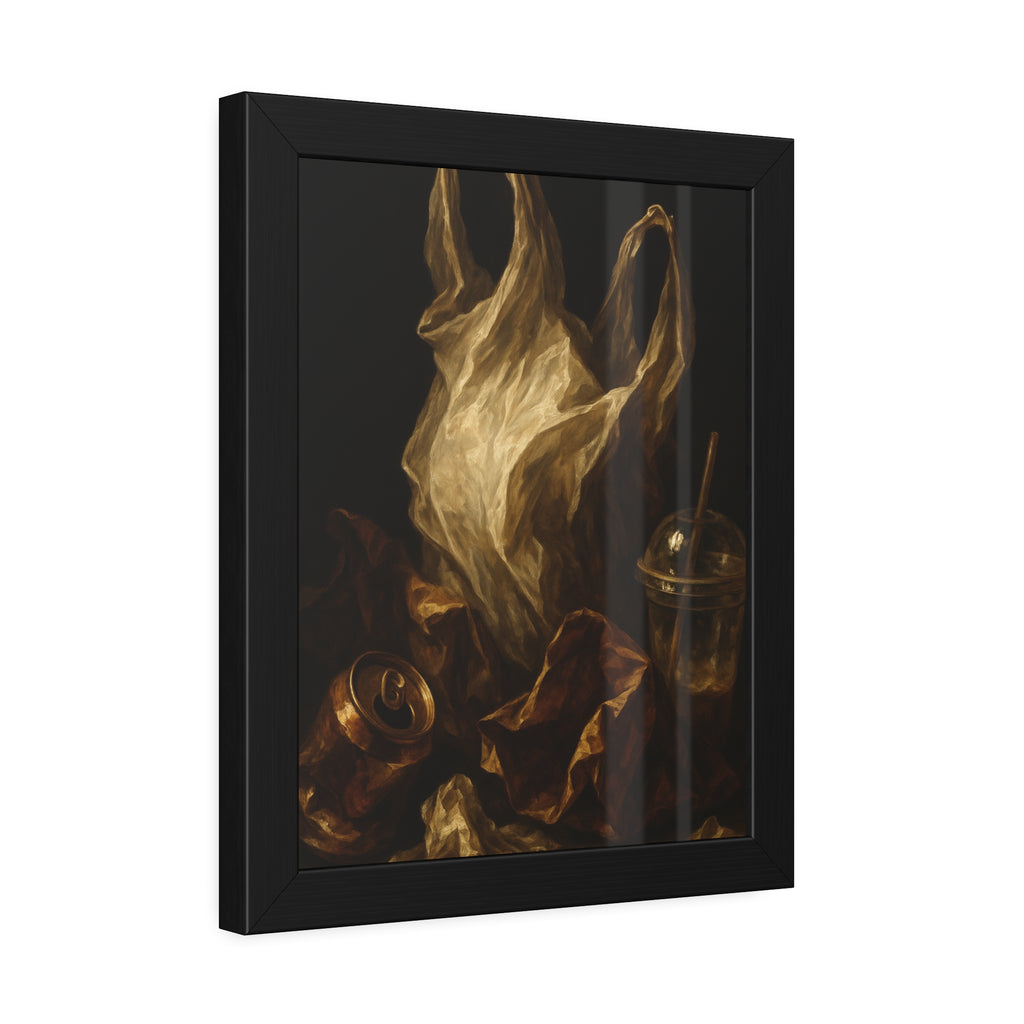 A plastic bag held open above a crushed can and a plastic cup with straw. The Apparition of the Bag by Garabaggio, framed fine art print hanging in a room.