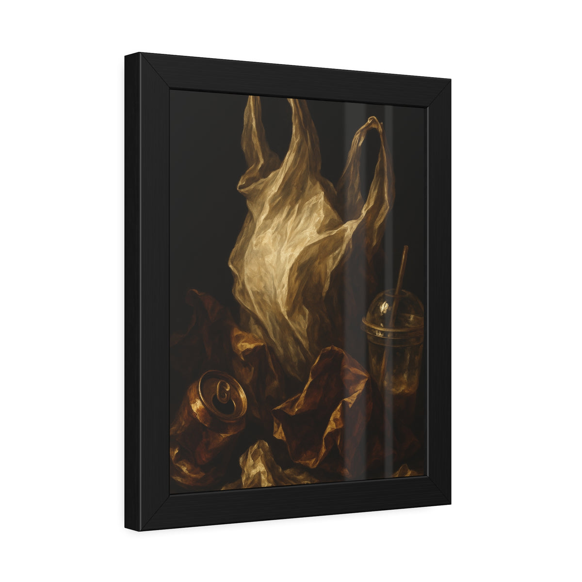 A plastic bag held open above a crushed can and a plastic cup with straw. The Apparition of the Bag by Garabaggio, framed fine art print hanging in a room.