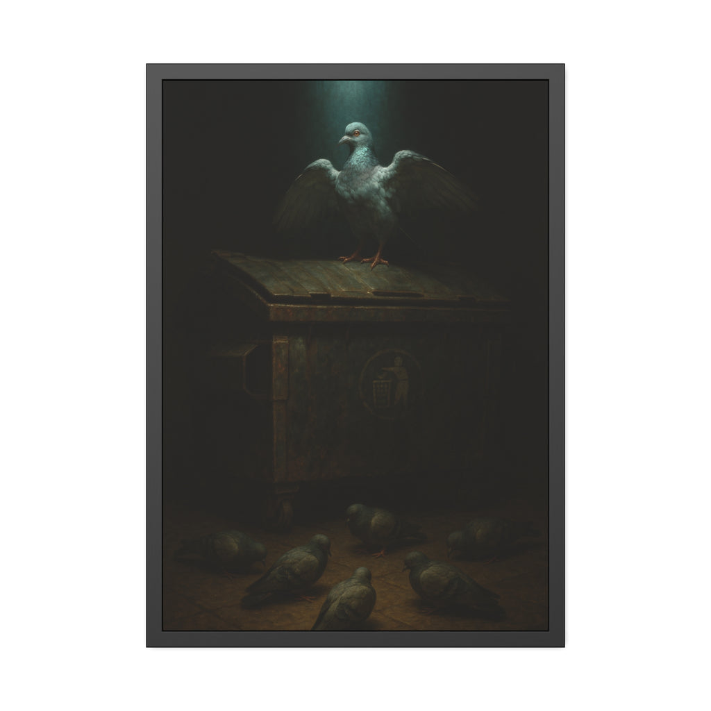 A pigeon with wings spread on a rusted dumpster lid. The Beatification of the Common Pigeon by Garabaggio, framed fine art print hanging in a room.