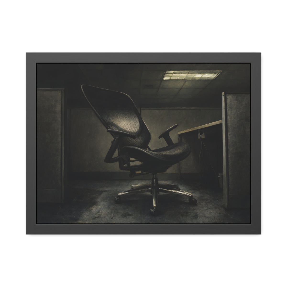 An office chair tilted back in an empty cubicle under one ceiling light. The Ergonomic Chair, Unlocked by Garabaggio, framed fine art print, 24″ x 18″.