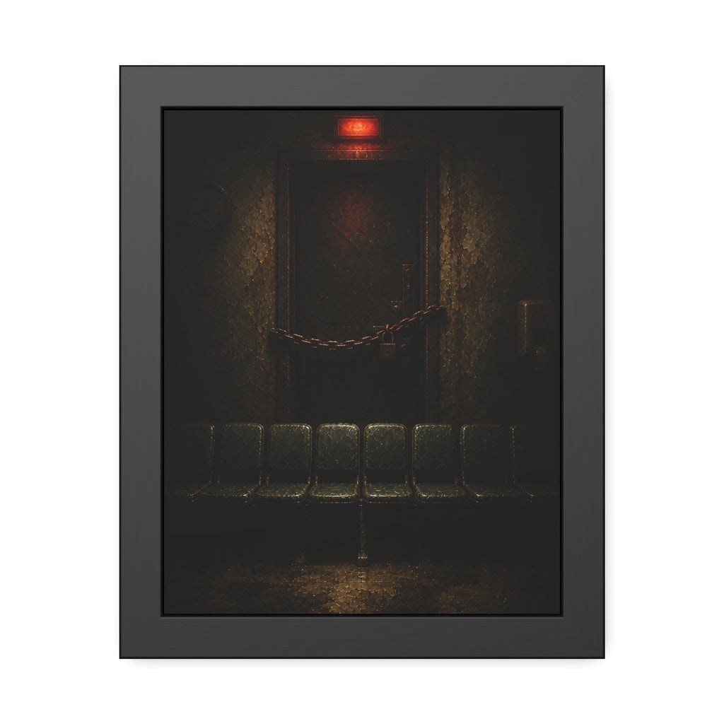Chained waiting room door under a red exit light, empty seats below. After Closing by Garabaggio, framed fine art print, 11″ x 14″.