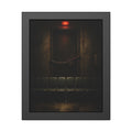 Chained waiting room door under a red exit light, empty seats below. After Closing by Garabaggio, framed fine art print, 11″ x 14″.