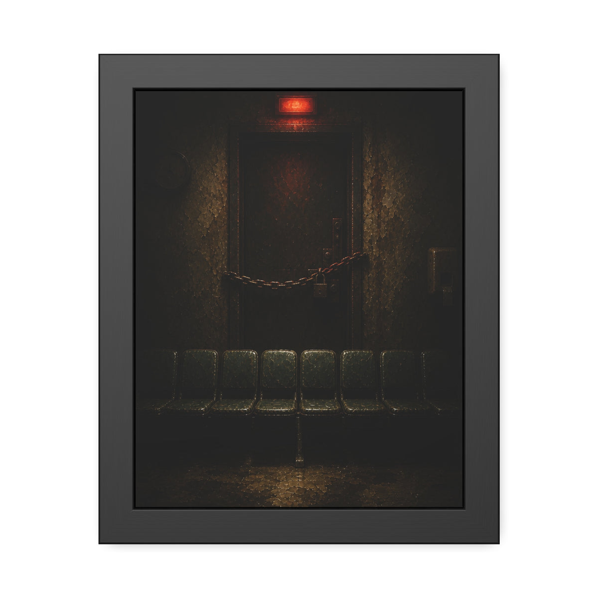 Chained waiting room door under a red exit light, empty seats below. After Closing by Garabaggio, framed fine art print, 11″ x 14″.