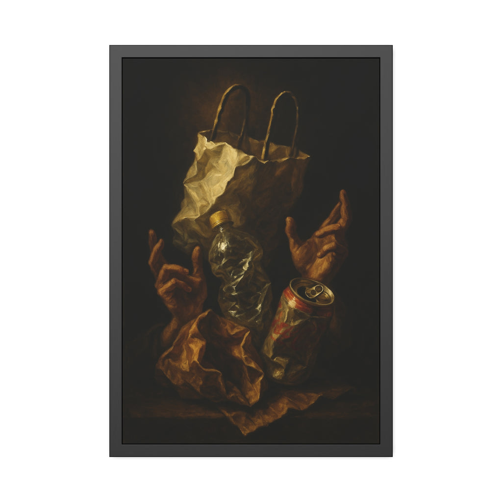 Two hands raised beside a paper bag, crushed bottle and dented can. The Assumption of the Discarded by Garabaggio, framed fine art print hanging in a room.