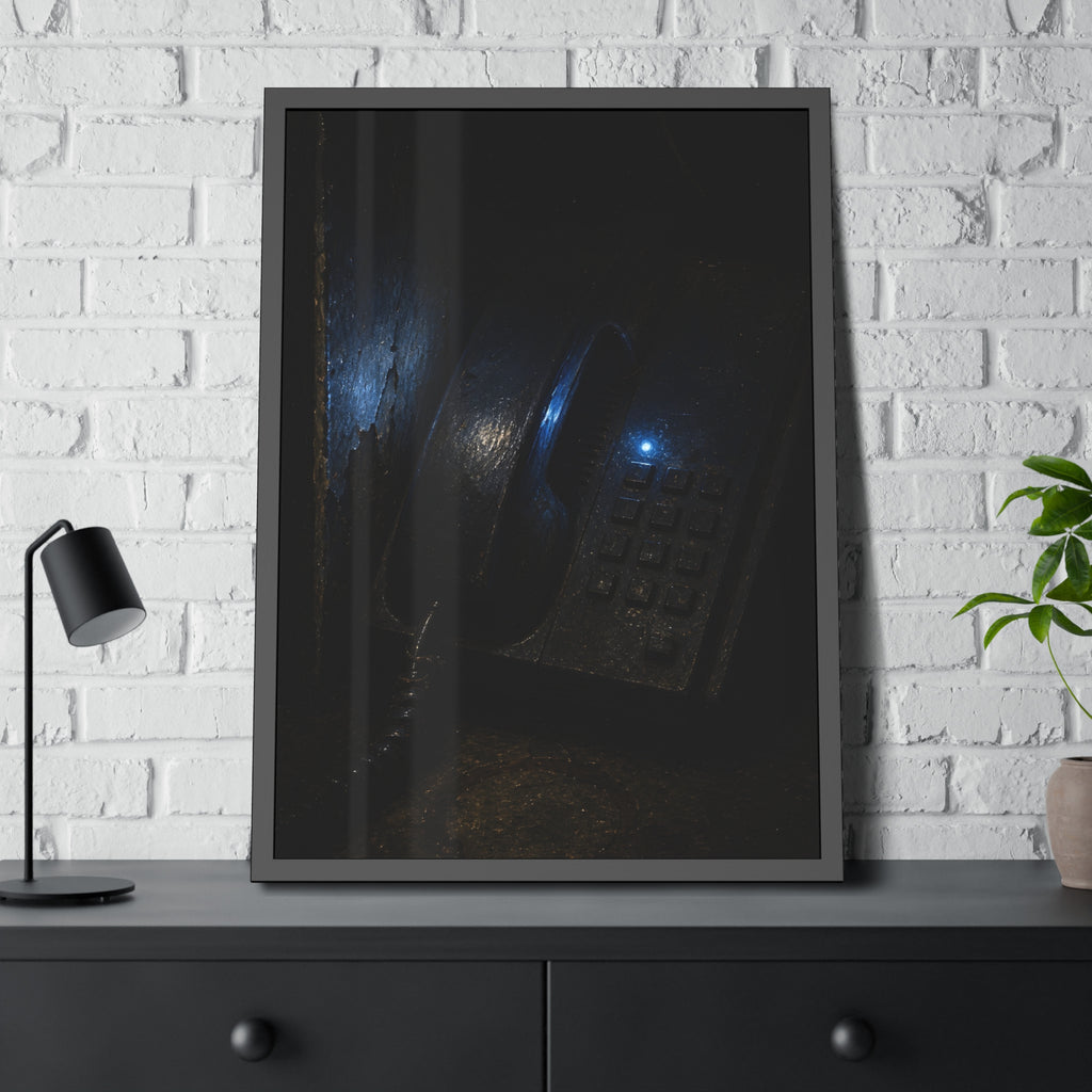 A grimy wall telephone in darkness with one small blue indicator light. The Night Queue by Garabaggio, framed fine art print hanging in a room.
