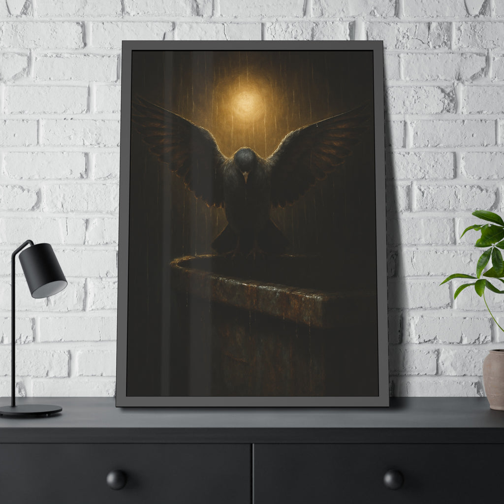 A pigeon with wings spread on a dumpster rim under a lamp in the rain. The Passion (Study in Rain) by Garabaggio, framed fine art print hanging in a room.