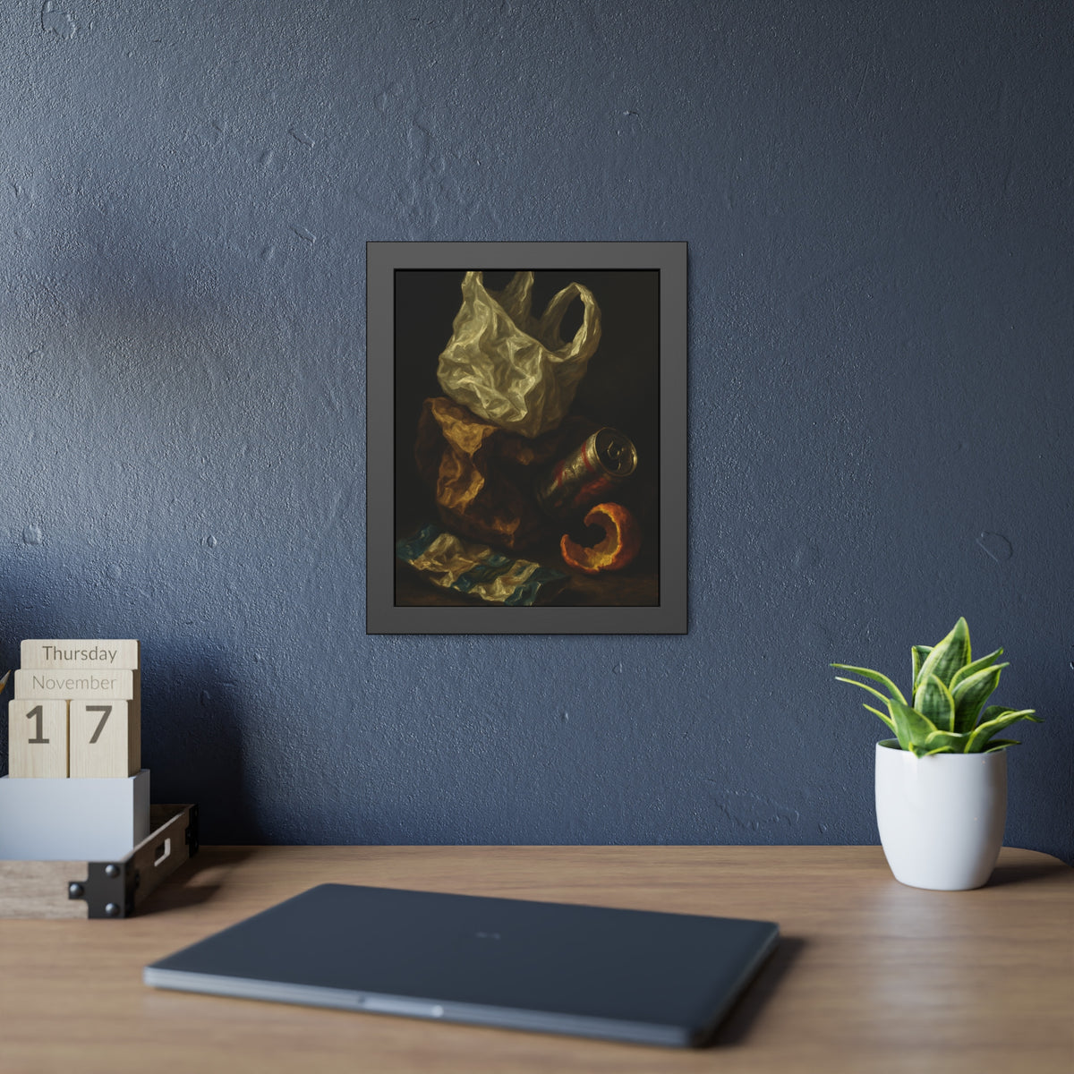A plastic bag, crushed can and orange peel on a dim table. Still Life with Orange Peel and Resignation by Garabaggio, framed fine art print hanging in a room.
