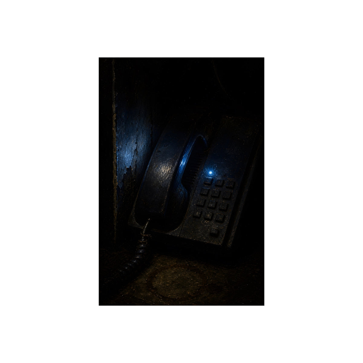 A grimy wall telephone in darkness with one small blue indicator light. The Night Queue by Garabaggio, fine art print, 24″ x 36″.