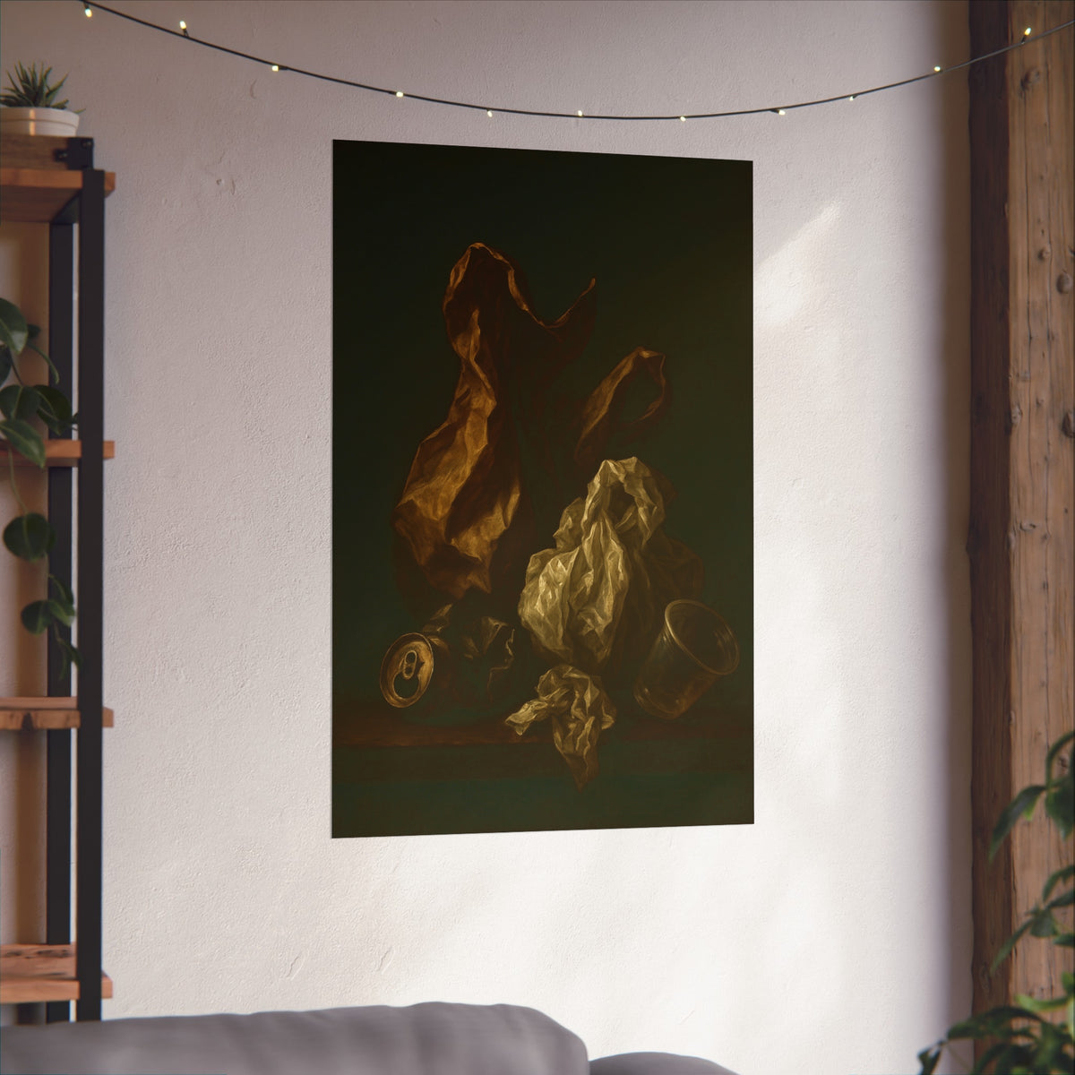 A plastic bag and crumpled paper beside a crushed can and clear cup. The Two Penitents by Garabaggio, fine art print hanging in a room.