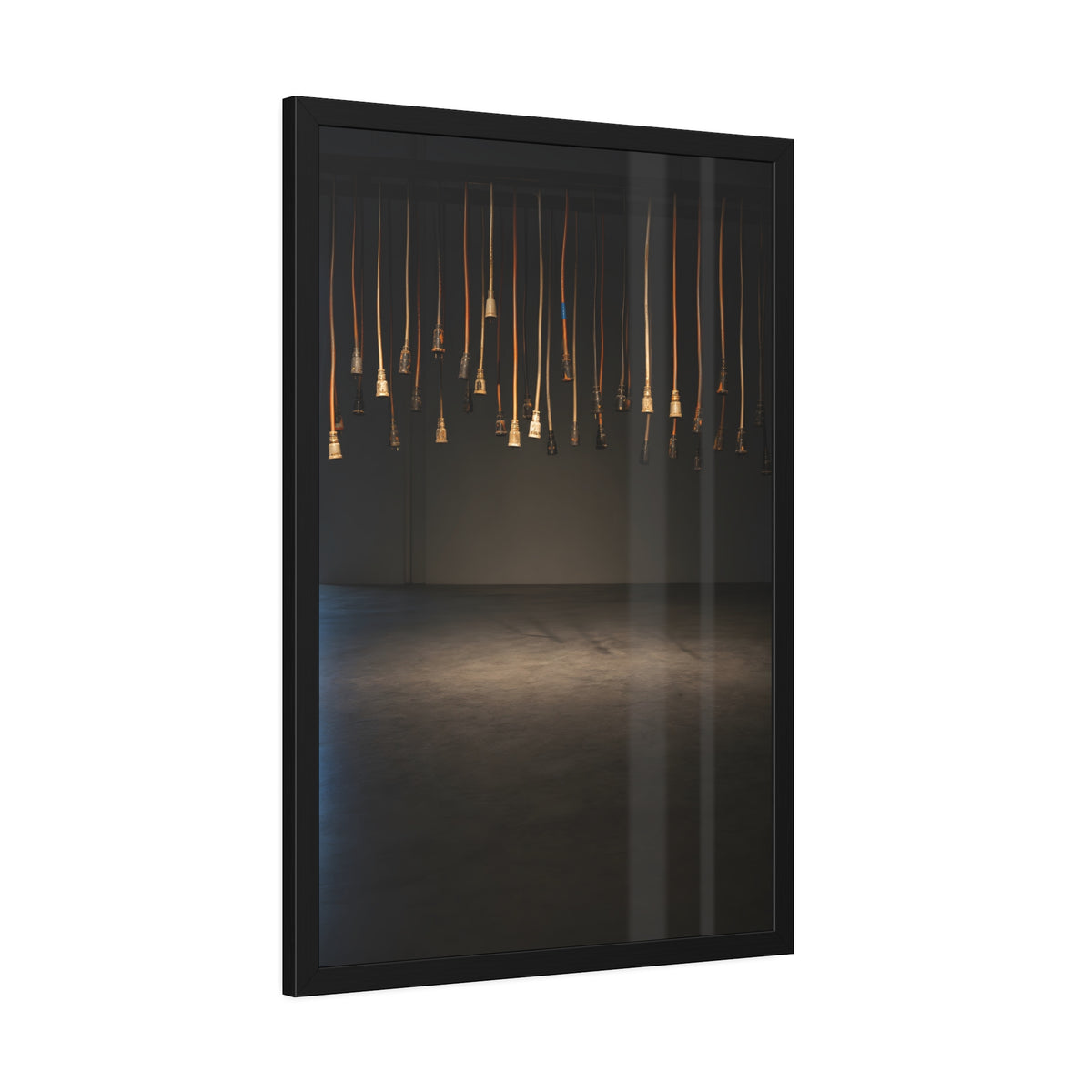 Extension cords hanging plug down from a ceiling in a dim room. All Ends, No Source by Garabaggio, framed fine art print hanging in a room.