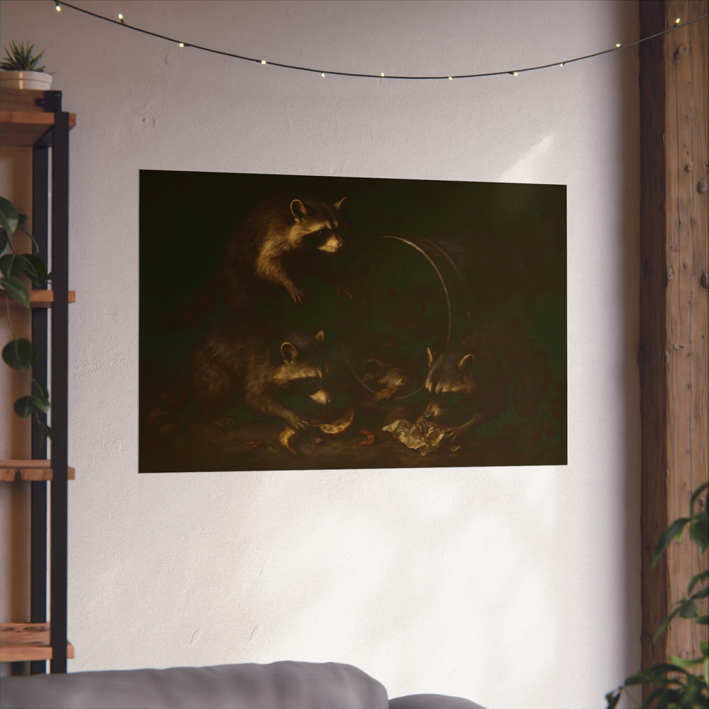 Raccoons at a tipped metal pail, one gnawing a melon rind in the dark. The Supper at the Alleyway by Garabaggio, fine art print hanging in a room.