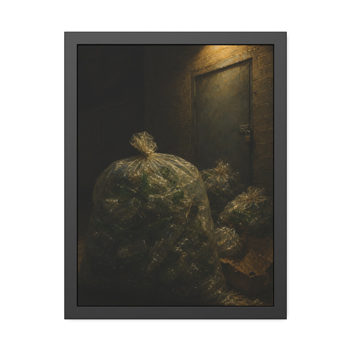 Clear bags of empty bottles piled by a padlocked door under a wall lamp. The Gathering of Empties by Garabaggio, framed fine art print, 18″ x 24″.