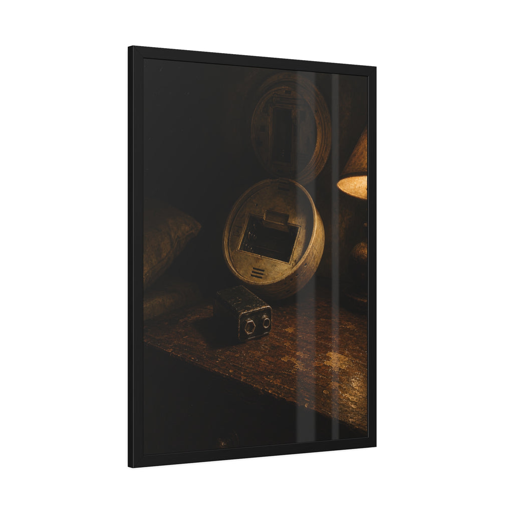An open smoke detector on a wooden table beside a removed nine volt battery. The Silence After Removal by Garabaggio, framed fine art print hanging in a room.
