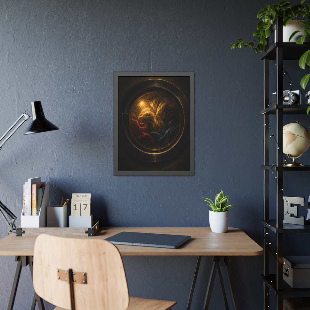 Colored laundry tumbling behind a round washer window in the dark. The Rose Window Turning by Garabaggio, framed fine art print hanging in a room.