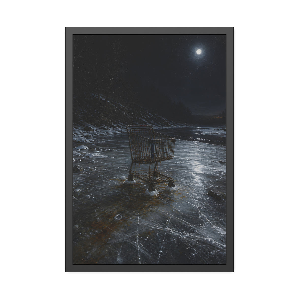 A rusted shopping cart frozen into moonlit river ice. The Wintering in the Ice by Garabaggio, framed fine art print, 24″ x 36″.