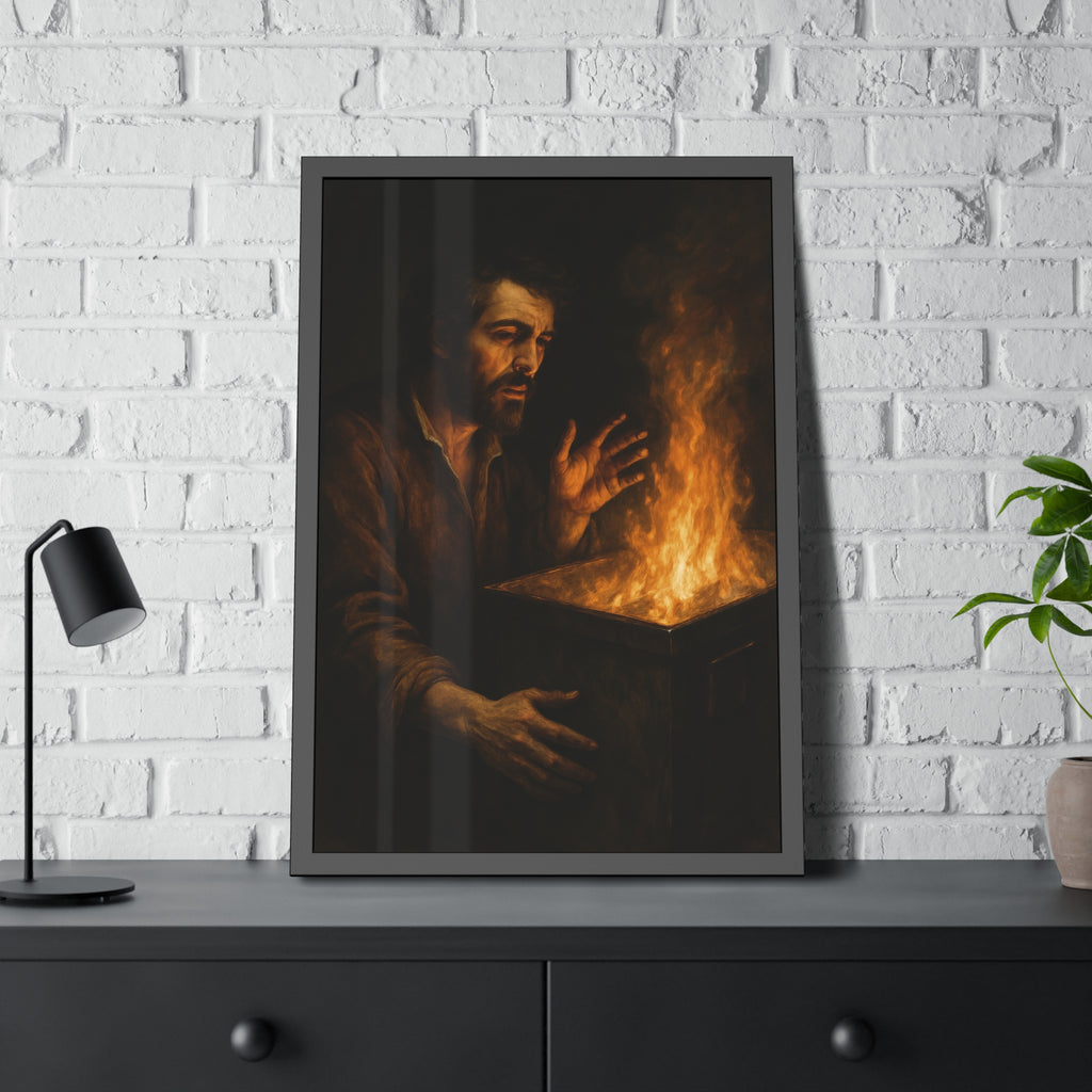 Man holding both hands toward the flames of a burning dumpster. Self-Portrait Warming the Hands by Garabaggio, framed fine art print hanging in a room.