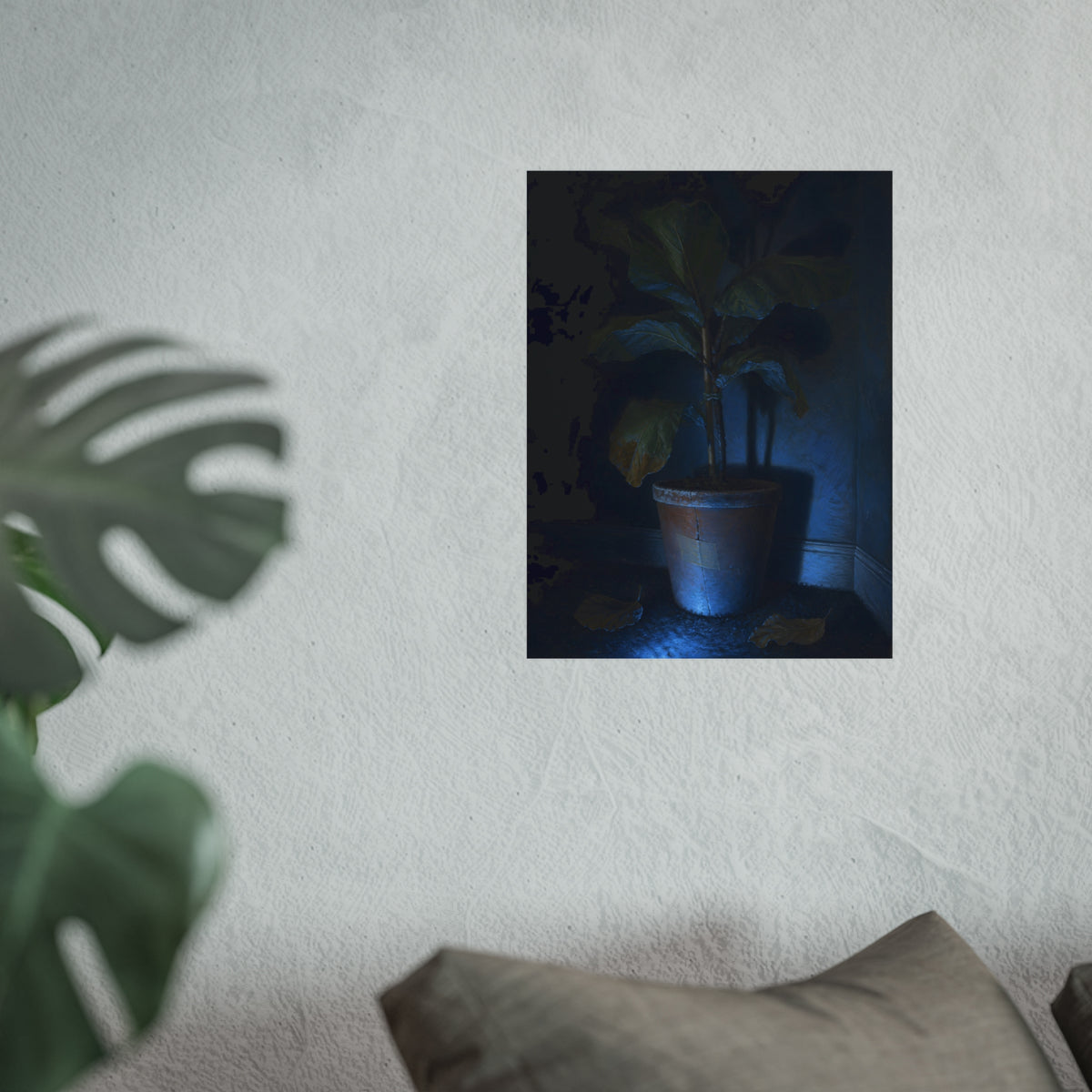 A dying potted plant in a corner washed in blue television light. The Television Hours by Garabaggio, fine art print hanging in a room.
