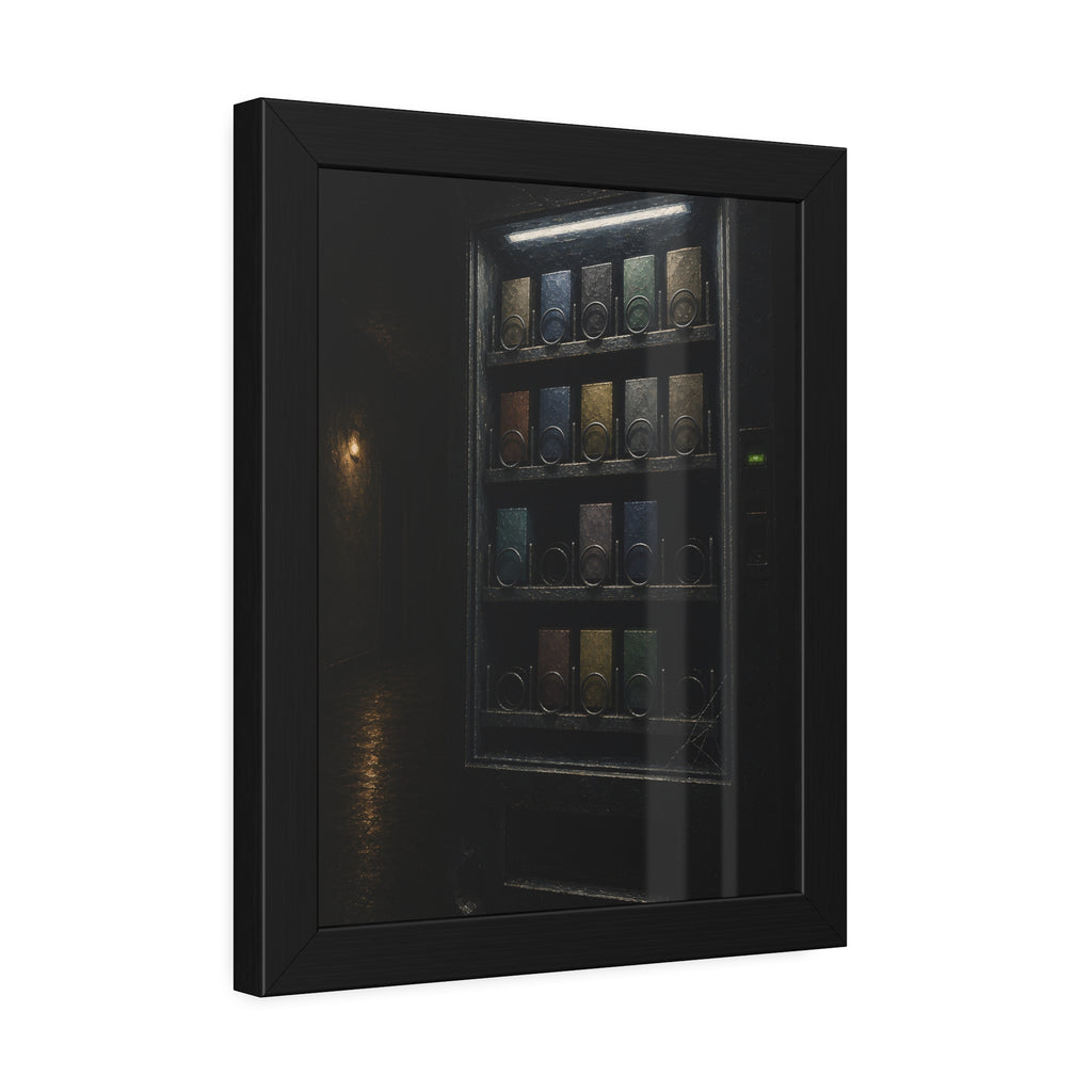 A vending machine with gaps in its rows lighting an empty hallway. The Gaps Spread by Garabaggio, framed fine art print hanging in a room.