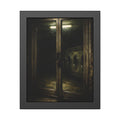 Glass laundromat doors at night with washers lit by a fluorescent tube. The Doors at Midnight by Garabaggio, framed fine art print, 11″ x 14″.