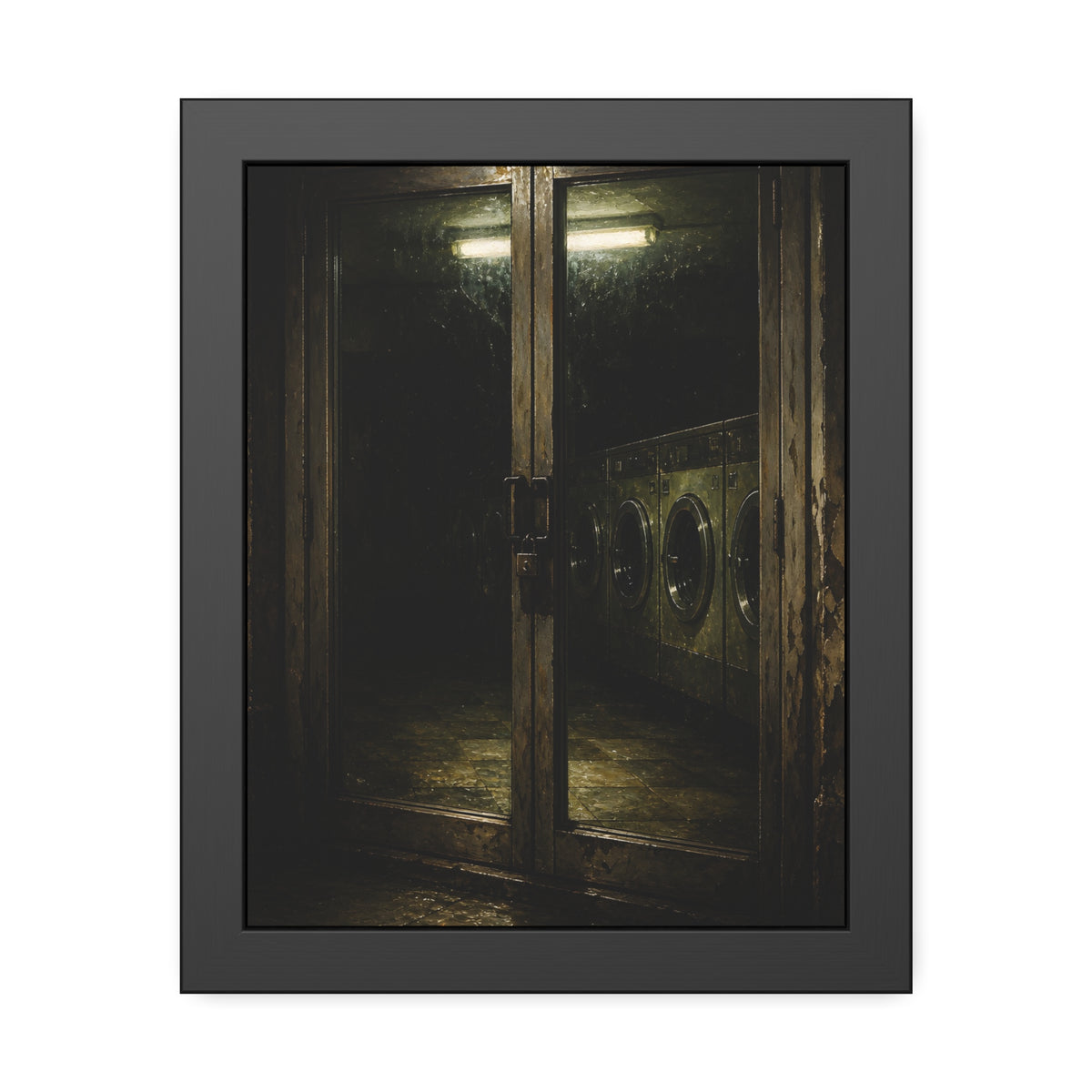 Glass laundromat doors at night with washers lit by a fluorescent tube. The Doors at Midnight by Garabaggio, framed fine art print, 11″ x 14″.