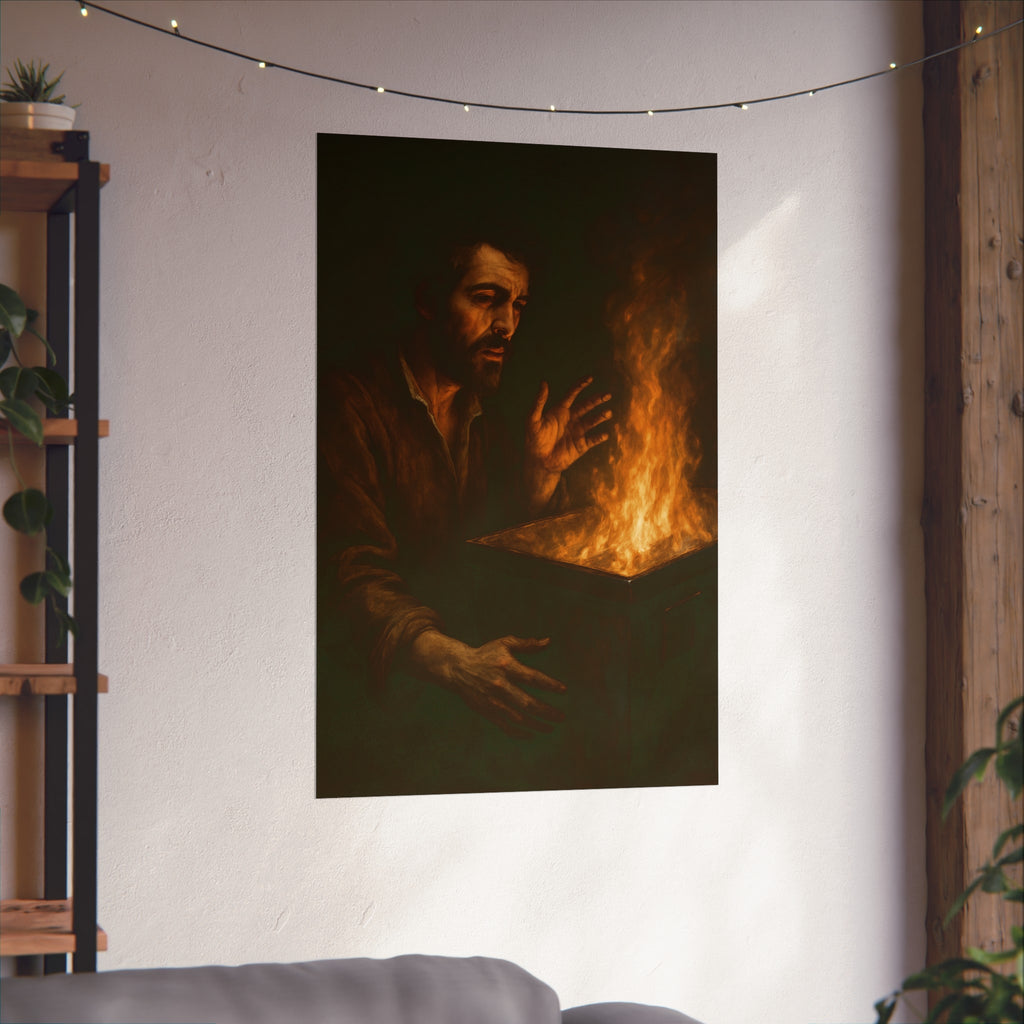 Man holding both hands toward the flames of a burning dumpster. Self-Portrait Warming the Hands by Garabaggio, fine art print hanging in a room.