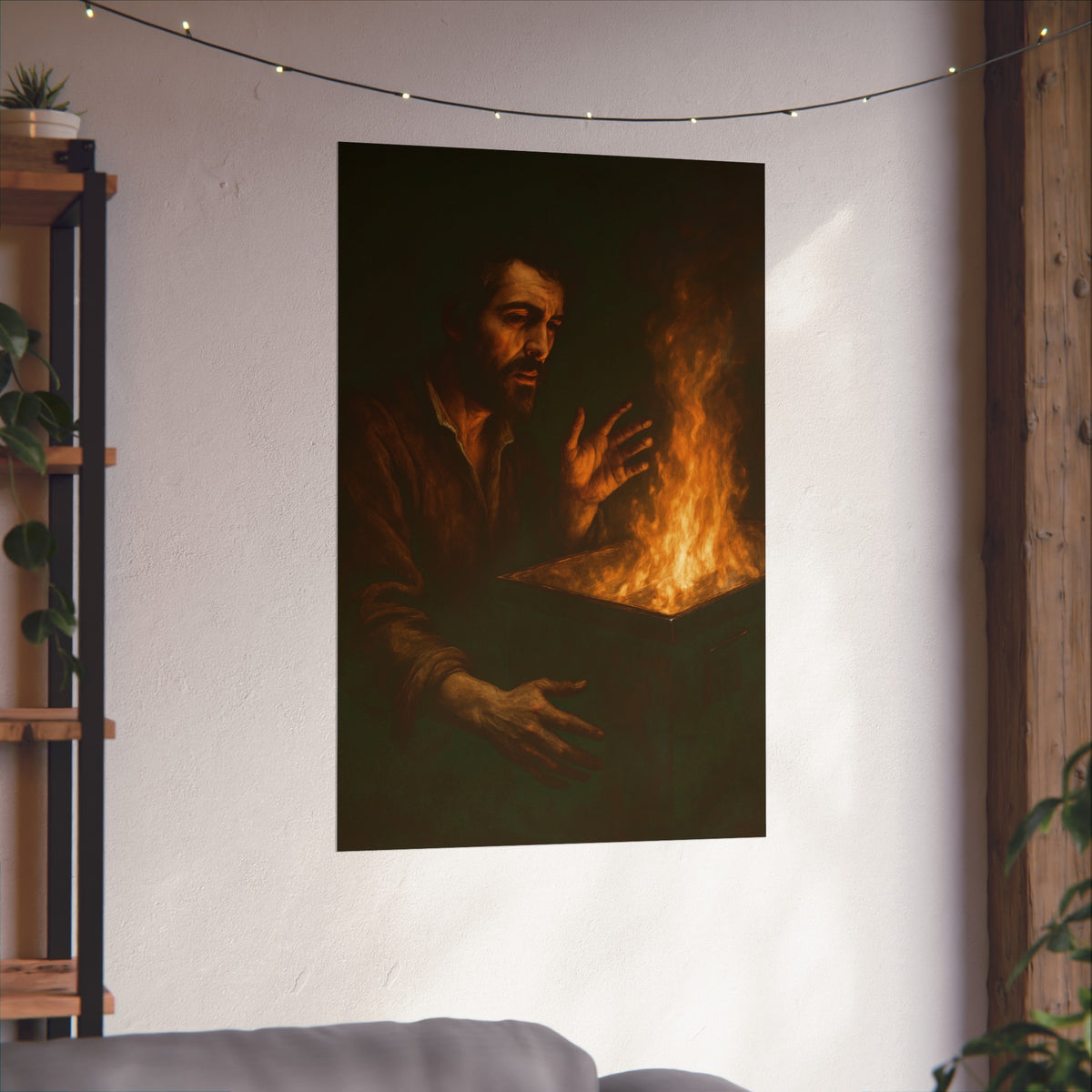 Man holding both hands toward the flames of a burning dumpster. Self-Portrait Warming the Hands by Garabaggio, fine art print hanging in a room.